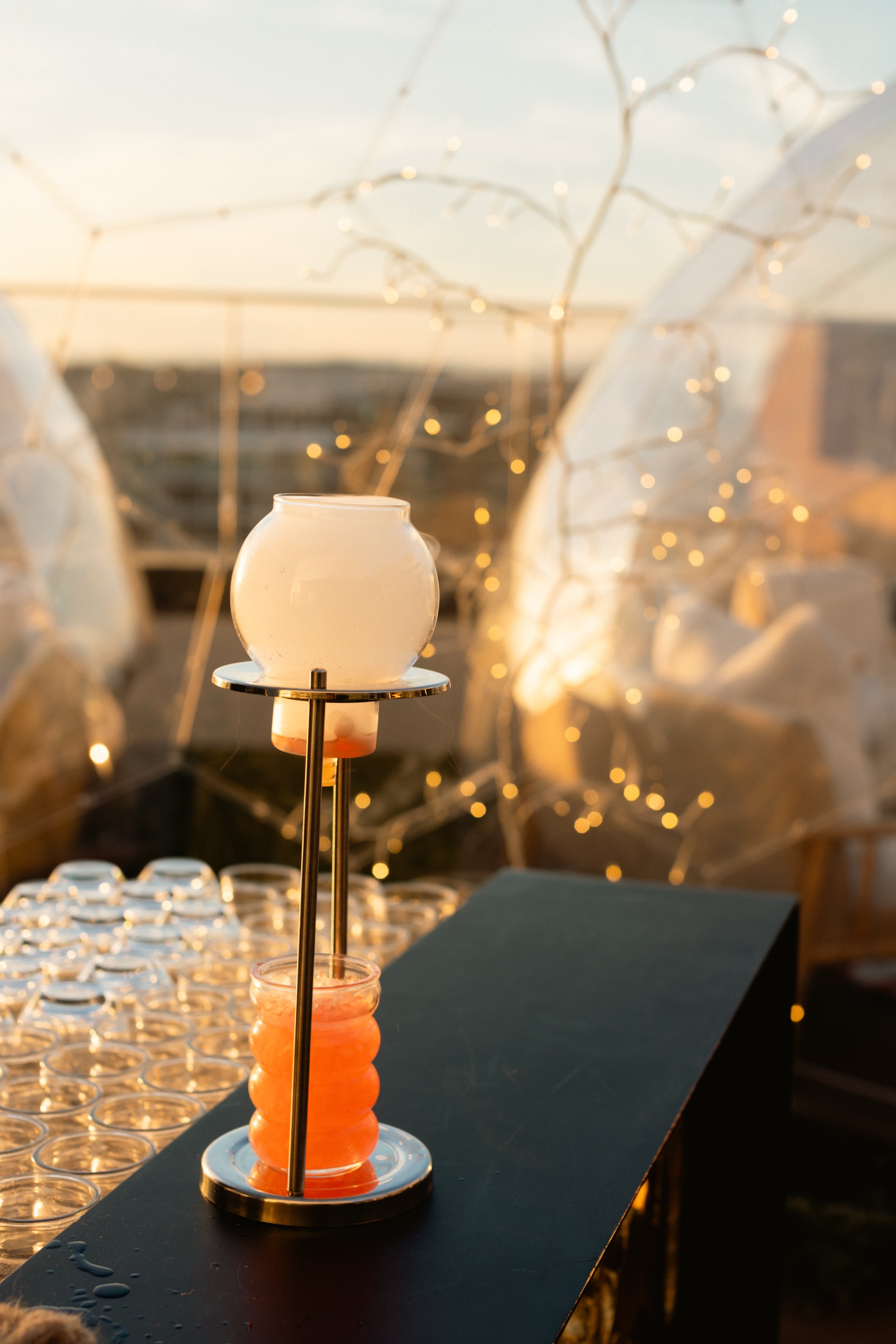 The signature cocktail with garden domes at golden hour