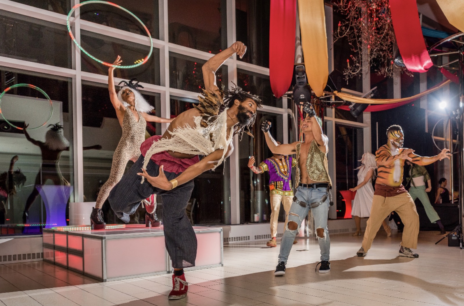 Aerial performers above a crowd